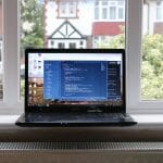 Laptop on a window ledge